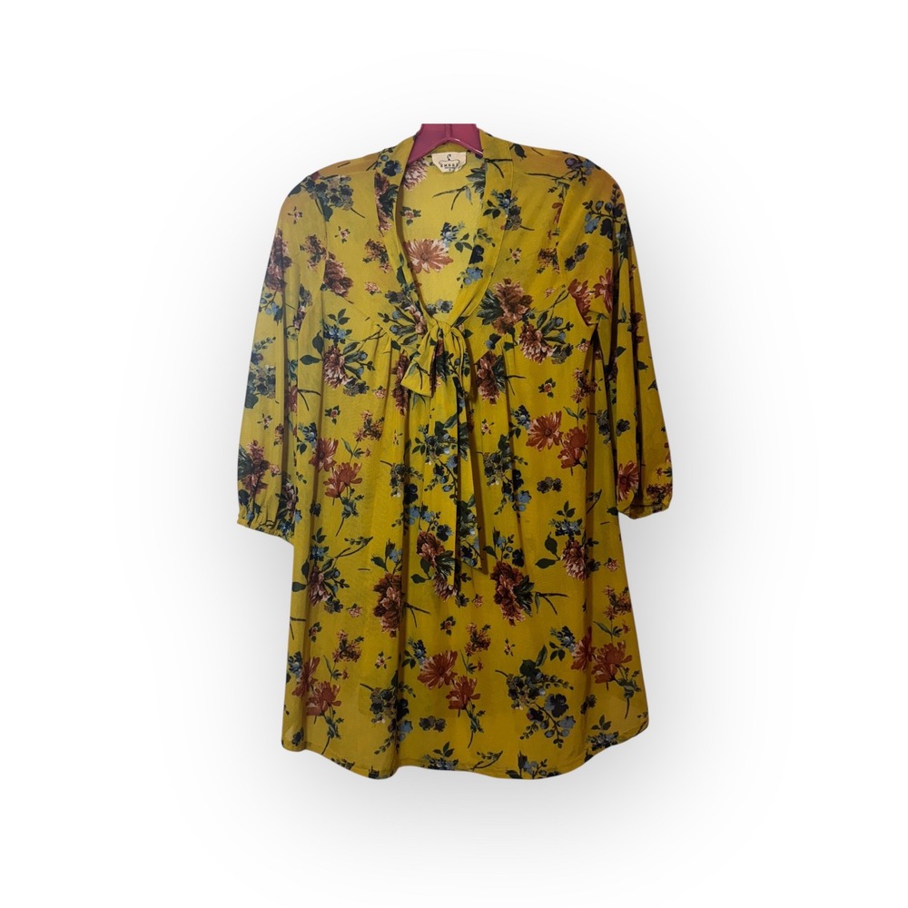 Ember Floral Print Tie Neck Long‎ Sleeve Mini Dress Yellow Womens Size Small